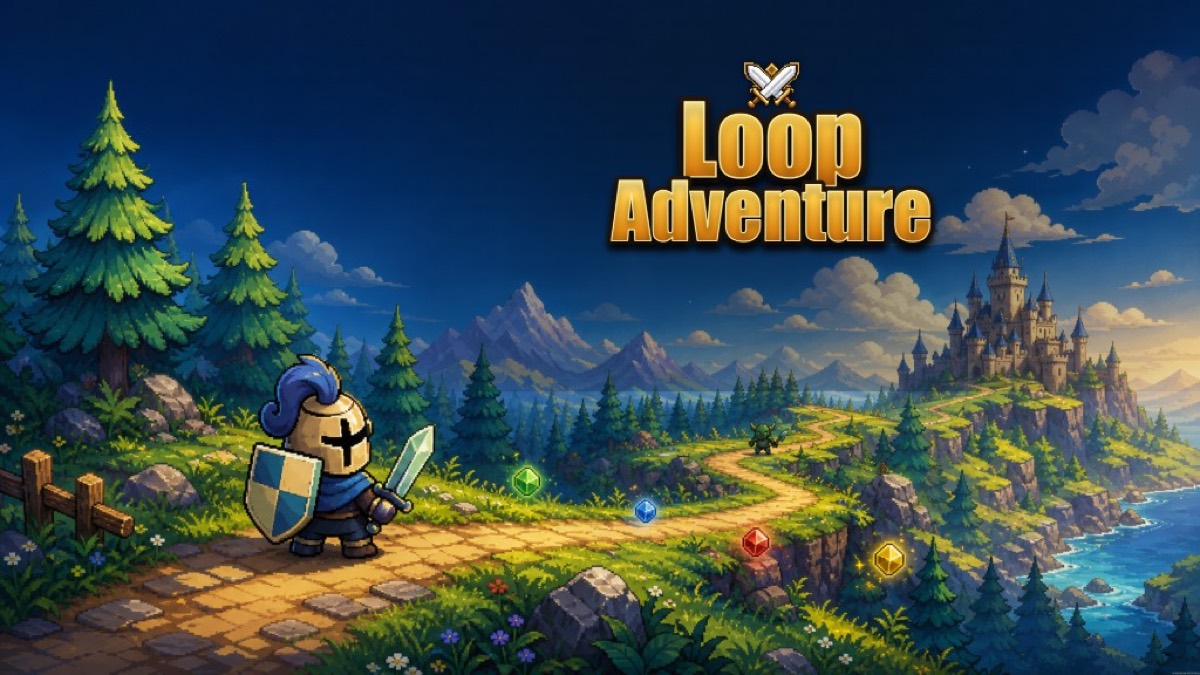 Loop Adventure — cavaleiro na trilha rumo ao castelo com gemas coloridas